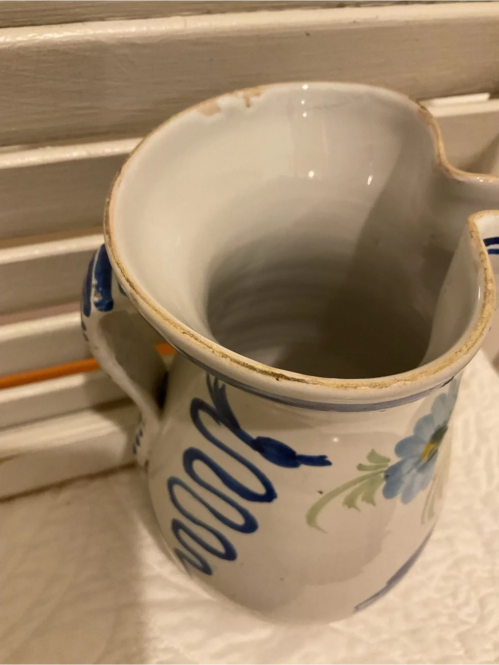 Hand-Painted White Ceramic Pitcher with Yellow Bird Motif Vintage